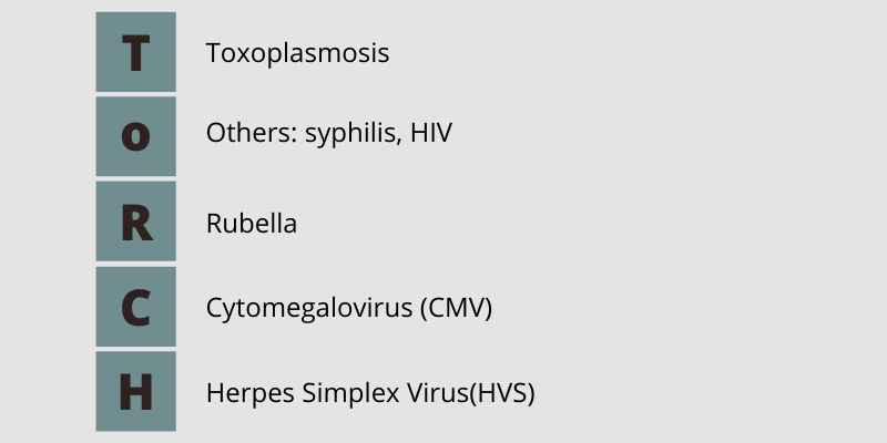 TORCH acronym: toxoplasma, rubella, cytomegalovirus, herpes virus